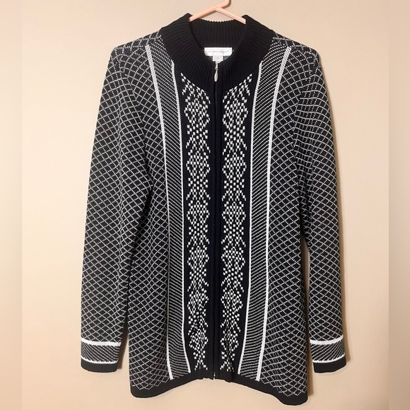 Christopher & Banks Black White Fair Isle Knit Zip Cardigan Sweater Medium Cozy - Picture 8 of 8